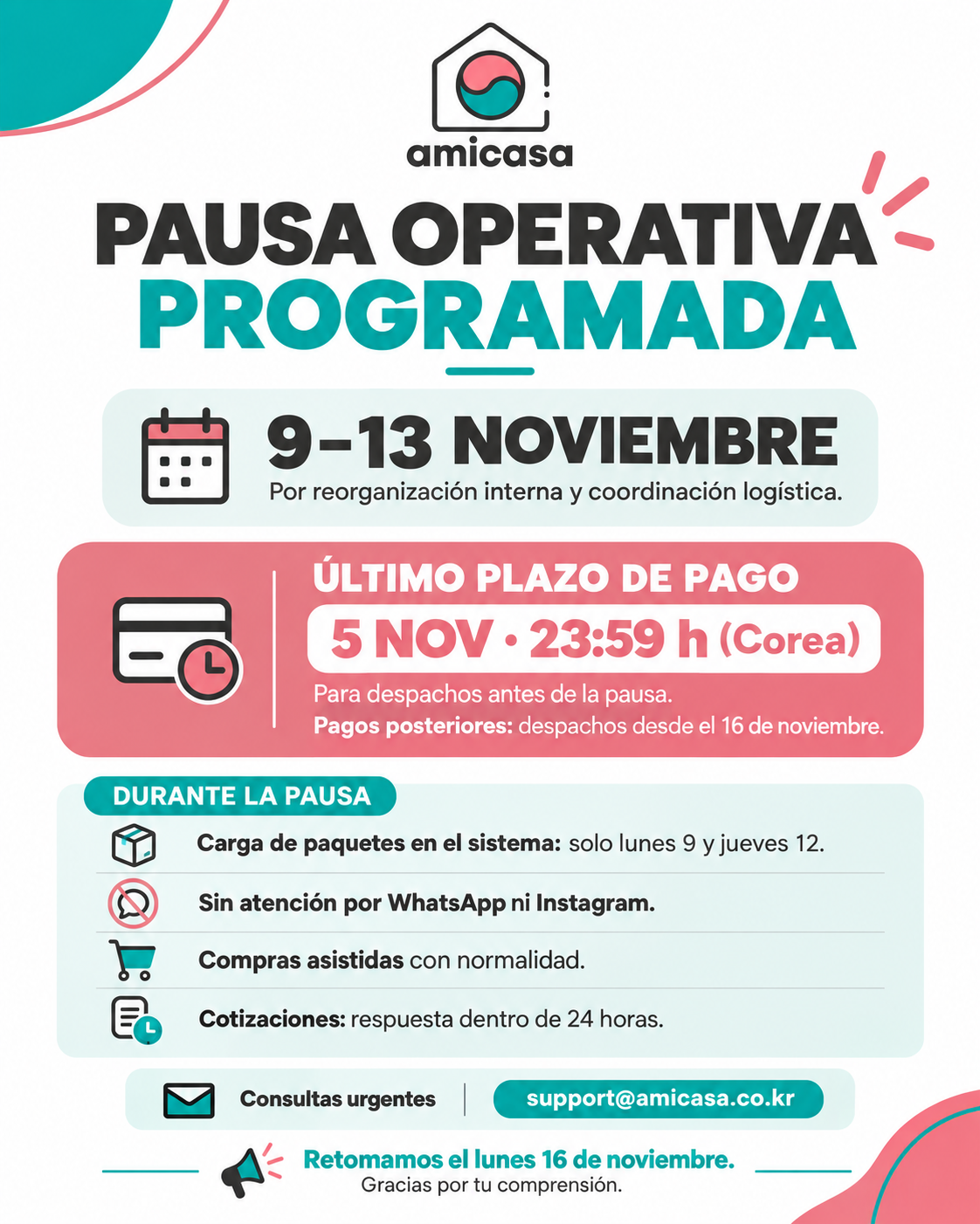 📢 PAUSA OPERATIVA PROGRAMADA | AMICASA