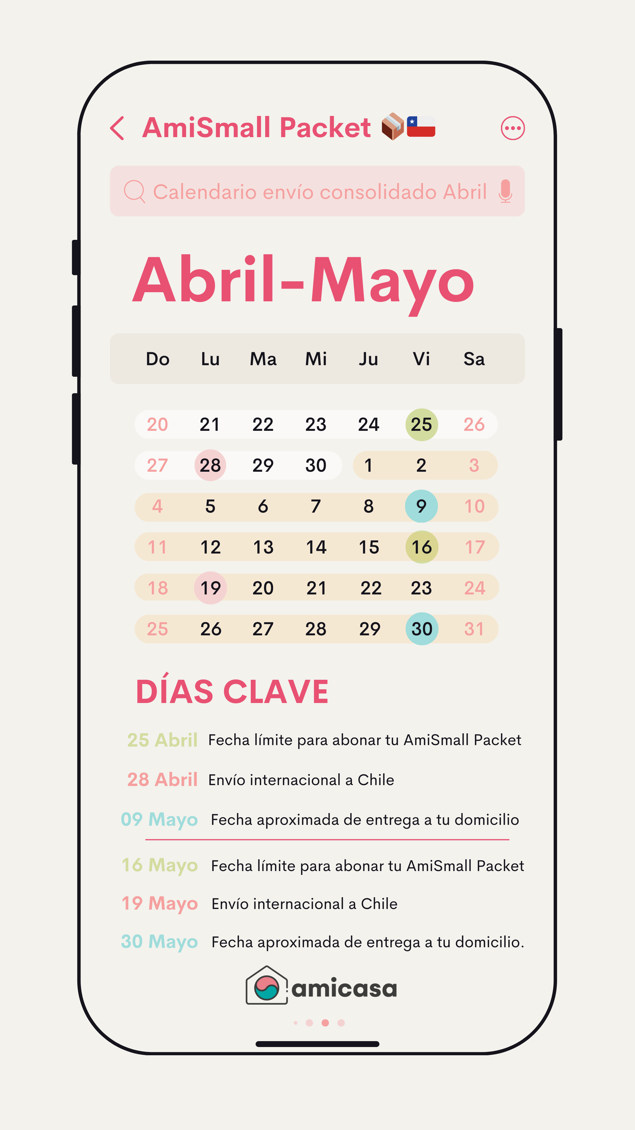 Calendario de envio consolidado AmiSmall Packet para: CHILE con precios
